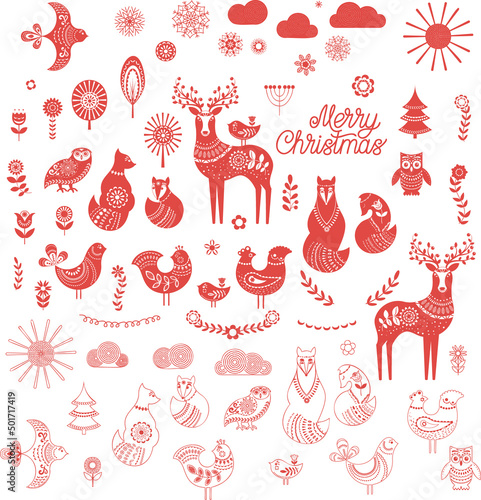 Silhouettes of animals and birds. Scandinavian style. Design for stamps, tags, postcards.