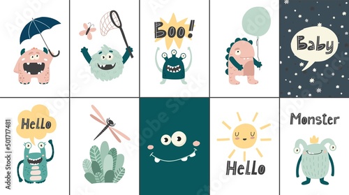 Monster print with slogan. Cartoon character design for fashion fabrics, textile graphics, prints