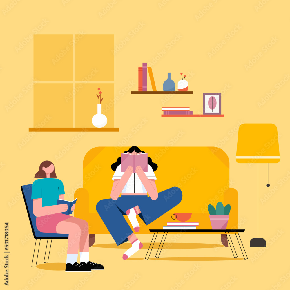 Sisters Reading Books in home environment Flat Illustration Sisters Reading Books in home environment Flat Illustration