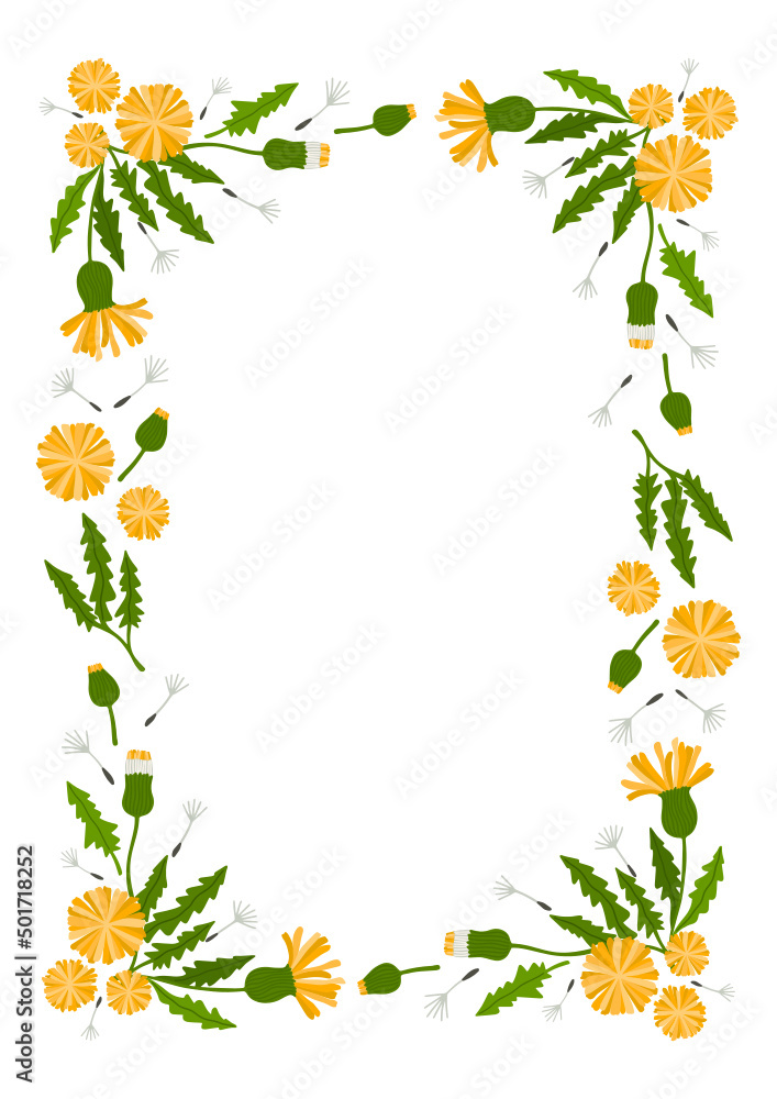 Decorative frame with with flowers, inflorescence and leaves of dandelions. A4 format. Perfect as a photo frame, for scrapbooking, postcards, posters, invitation cards.