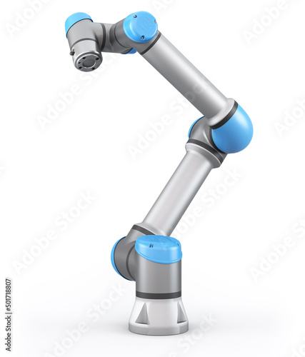 Universal robots. Automatic robotic arm on white background. Collaborative robot. Cobot. 3d render photo