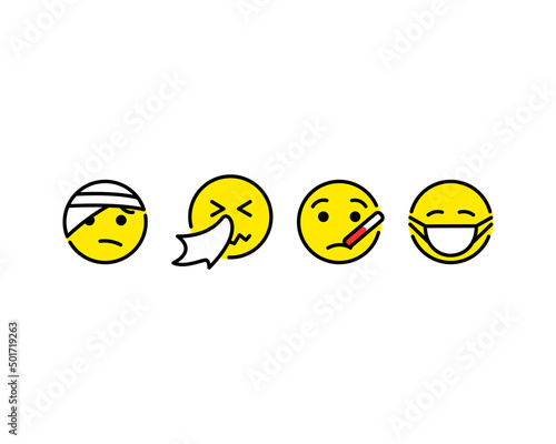 Sick set of emotions vector icons. Bandaged, runny nose, high fever, with mask emoji smile symbols isolated. Vector EPS 10