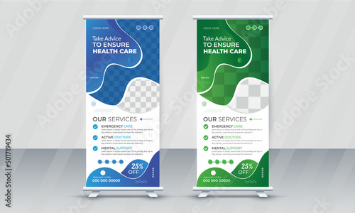 Modern Creative Minimalist Professional and Corporate Medical roll up banner vector template design or poll up standee for healthcare hospital. Medical flyer, web banner advertisement or social media 