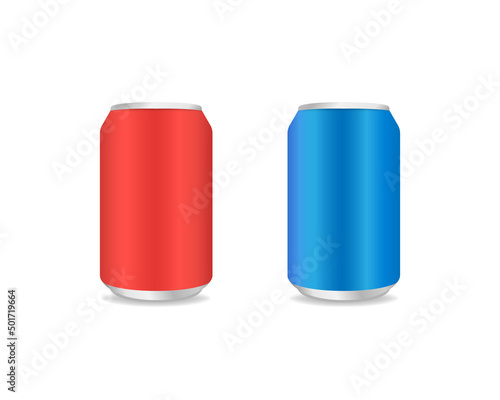 Red and blue Aluminum can. Metal drink can in realistic style. Vector illustration EPS 10