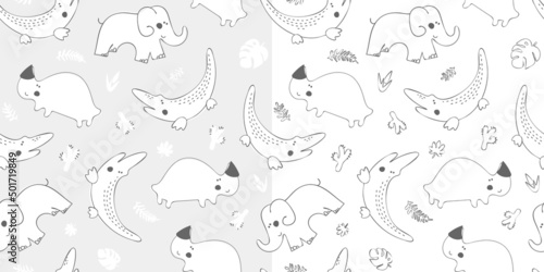 Fototapeta Naklejka Na Ścianę i Meble -  Seamless children's pattern with wild animals and plants. Vector elephant, crocodile and rhinoceros hand drawn black and white background. Monochrome cactus and leaves of tropical trees and plants.