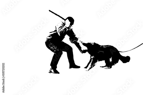 Training of dogs for patrol and guard service. A German dog is held down in a pasta bite sleeve. A man swings his arm over his head with a stick to strike. Side view. Vector illustration.