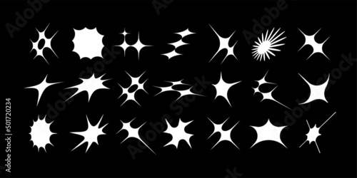 Set of vector objects. Deformed acid shapes of the sun and stars, sunbeams, glare and flares in a modern brutalist style. Subject to the effects of stretching, inflating and perspective.