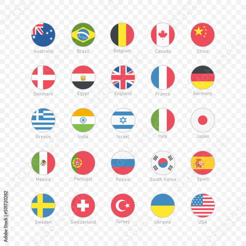 Collection of flag button design. Circle map of countries vector icons. Vector illustration EPS 10