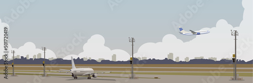 Panorama of the airport with a view of the city on the horizon. Vector.