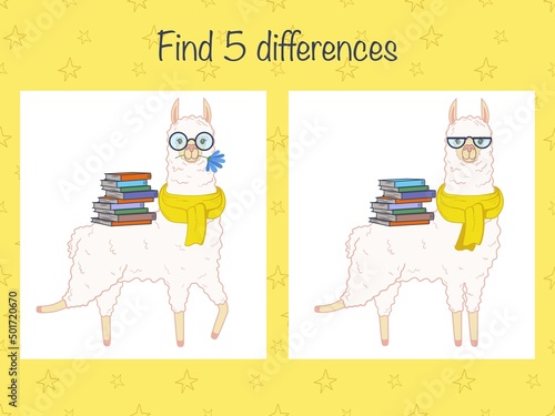 Find 5 differences and color - children educational game with cute llamas. Vector illustration