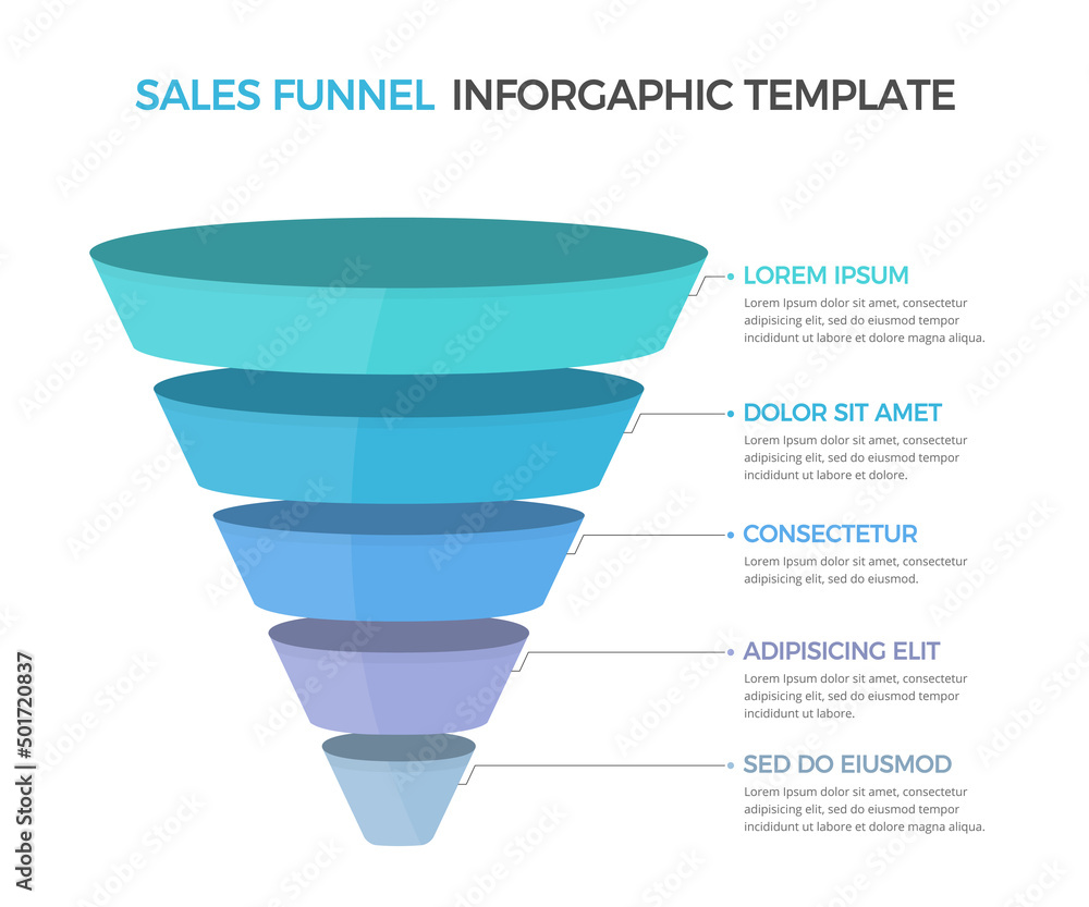 Funnel diagram with 5 elements, infographic template for web, business, presentations - obrazy, fototapety, plakaty 