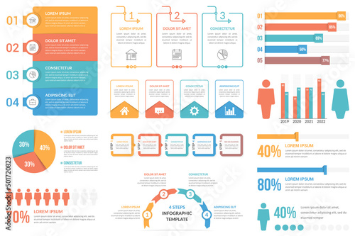 Infographic elements - steps and options, percents, people infographics, pie chart and bar graph