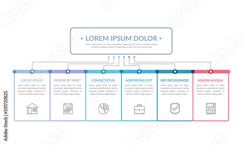 Flowchart with main title and 6 elements, workflow, process chart, infographic template