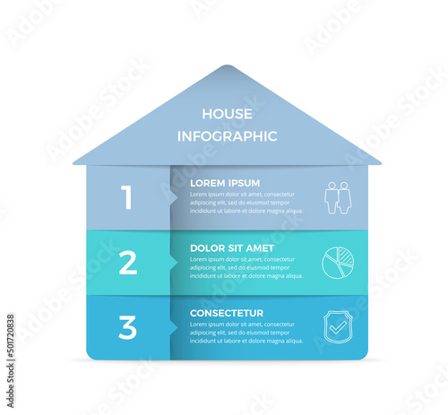 Infographic template with house divided on three elements with place for text and icons