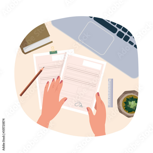 Human hands holding pen or pencil and signing business documents, making deal. Document approval, checking contract sheet or official paper with signature concept. Flat cartoon vector illustration.