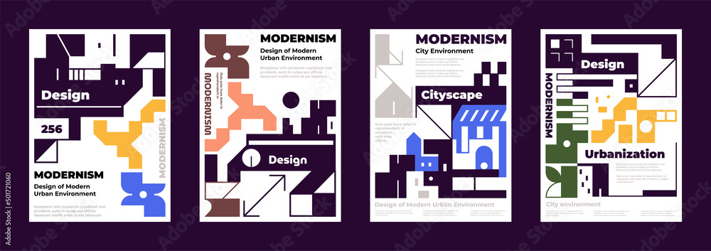 Set of futuristic posters in modern abstract style brutalism, architectural landscape, urban environment, urbanization, building design and construction. Vector illustration - obrazy, fototapety, plakaty 