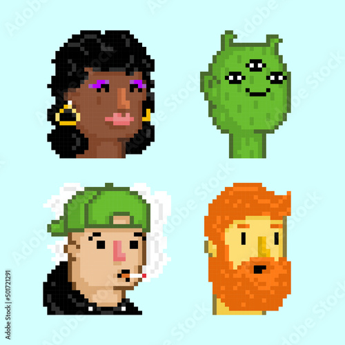 Pixel art characters pretty woman, alien, skater boy, ginger beard guy. NFT avatars concept vector illustration.