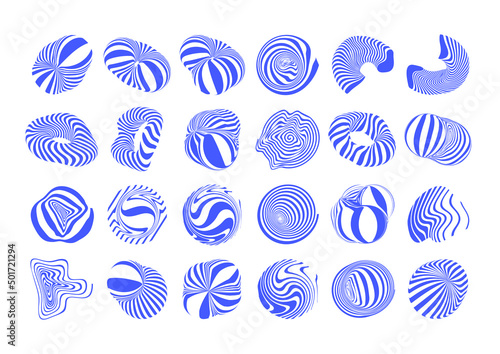 Vector set of hypnotic glitch objects, deformed shapes, illusion of deception, funnel and spiral