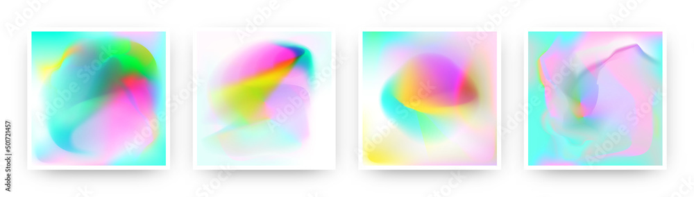 Gradient square covers in colorful style.Holographic backgrounds. Set of rainbow gradient shining posters. Vector illustration