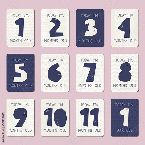 Set of cards for baby birthdays. Today I am 1, 2, 3, 4, 5, 6, 7, 8, 9, 10, 11 months old. Today I am 1 year old. Vector illustration in monochrome pastel colors.