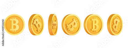 Set 3d bitcoin Volume cryptocurrency for electronic and cyber payments. Online 3d bitcoin transfers in different digital coin positions. Isolated vector illustration