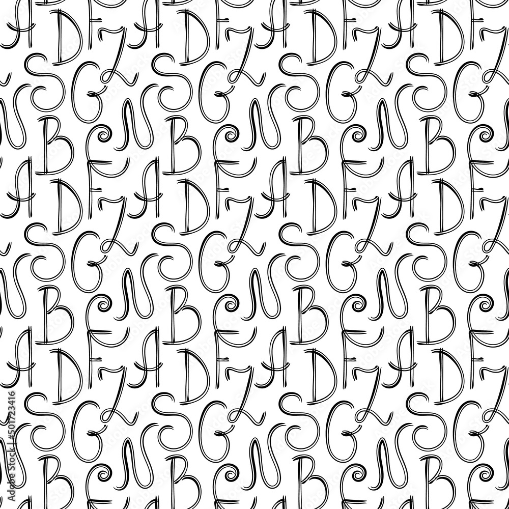 Hand drawn font seamless pattern. Black and white letters shapes, ink doodle line design, ABC alphabet cute illustration. Vector