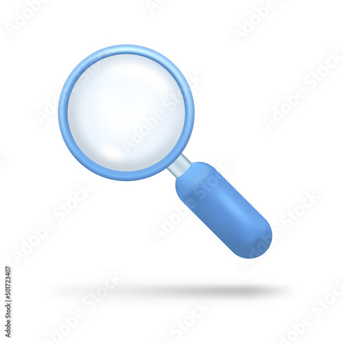3D icon Magnifying glass to magnify and search the web. Find, zoom in to know and see. Magnifying lens and search. Isolated 3D vector illustration