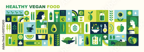 Healthy organic food. Illustration for vegetarian cafe. Diet, detox cocktails and healthy eating. Design for packaging in modern geometric style. Vector illustration. 
