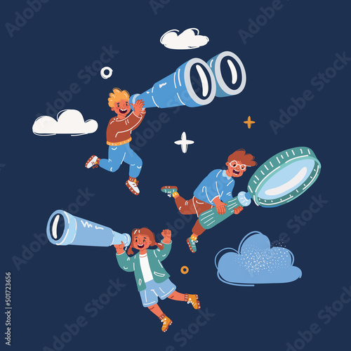 Cartoon vector illustration of happy cute kid searches idea process