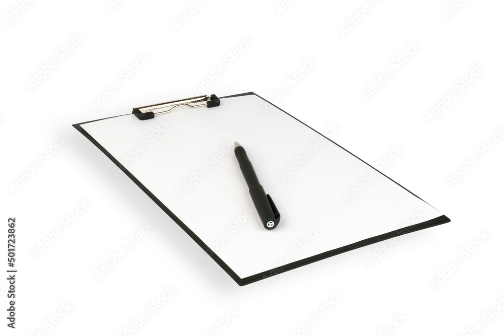 black clipboard with blank sheet and pen isolated on white black clipboard with blank sheet and pen isolated on white