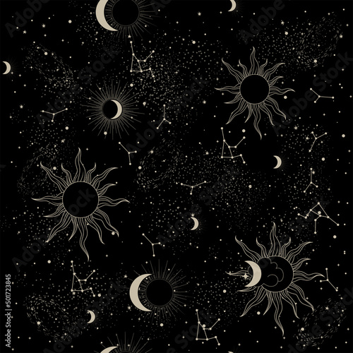 magic pattern with constellations and sun and stars. decorative ornament. seamless pattern for astrology, magic and divination on tarot cards