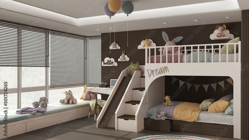 Modern wooden children bedroom with bunk bed in dark and pastel tones ...