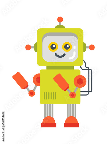 Childish droid retro robot character. Vector illustration