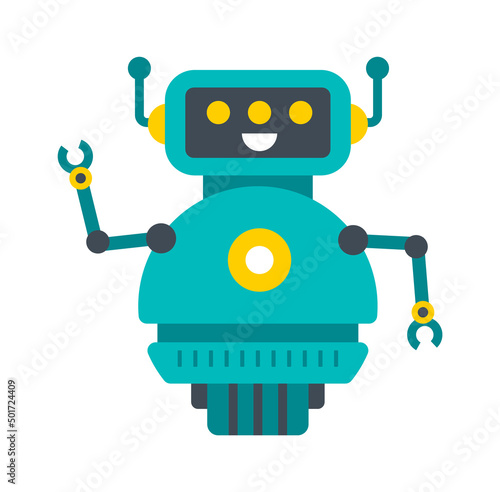 Childish droid retro robot character. Vector illustration