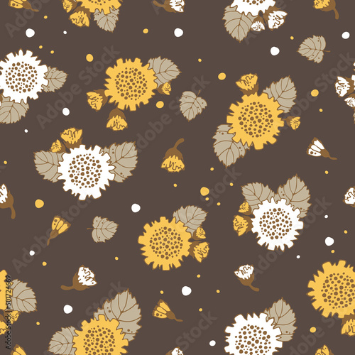 Vintage floral pattern. Seamless pattern with slick yellow sunflower white flowers on a branch, varied foliage on a brown background. Botanical print with autumn mood. Vector print.