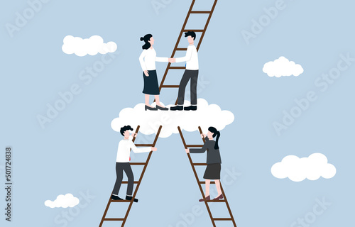 Business partnership on same investment 
direction, share benefit together, fair business agreement concept. Employees from two companies agreeing to share stair of growth benefit.