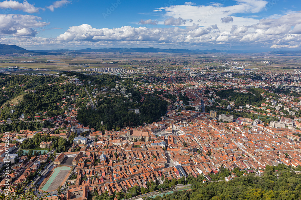 The old city of Brasov, Romania. Aerial view from the Tampa mountain