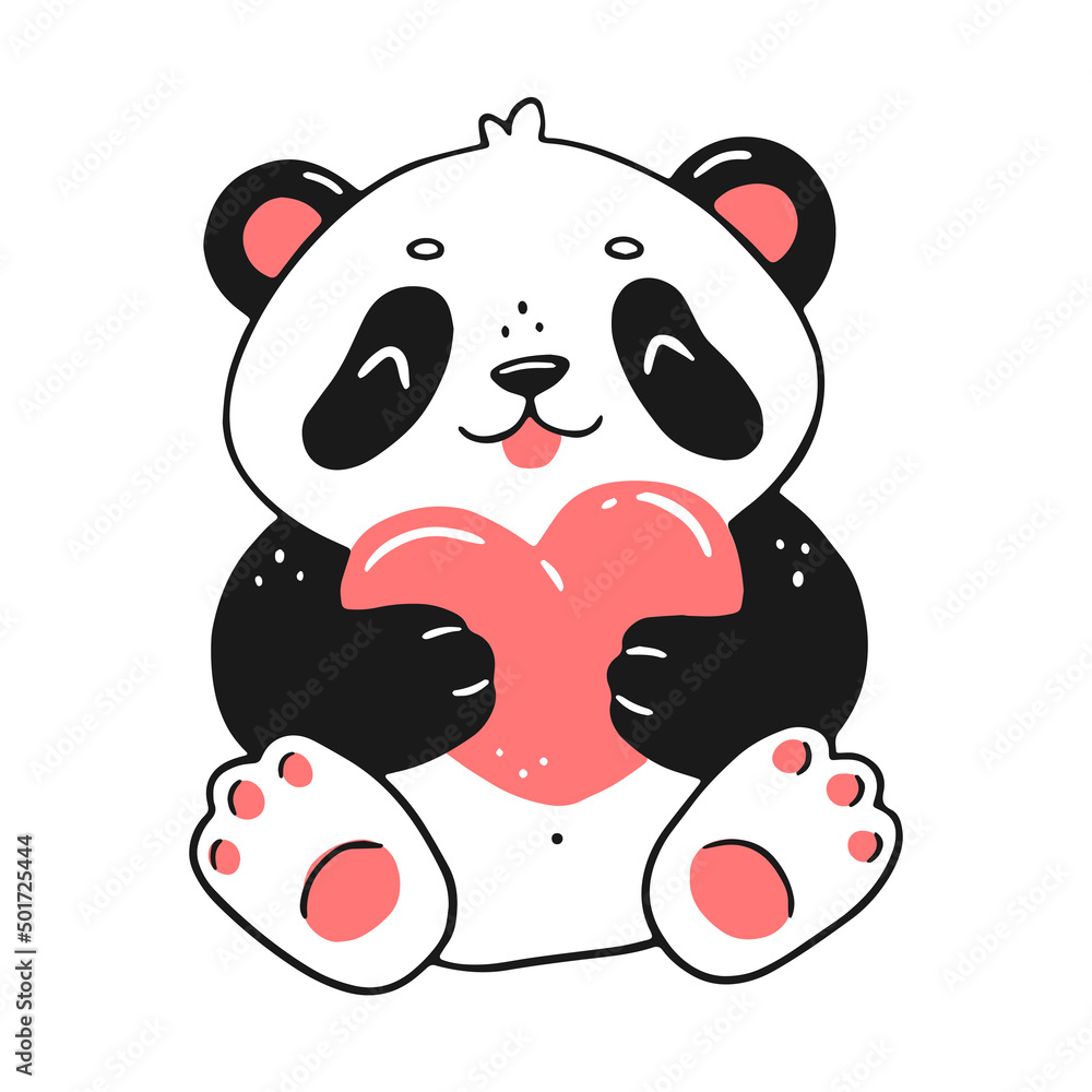 Obraz premium Cute sitting happy panda with a heart in cartoon linear style. Vector isolated illustration.