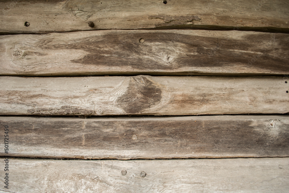 Obraz premium Wooden background, natural wood texture. Background of logs, old wooden log cabin with a crevice