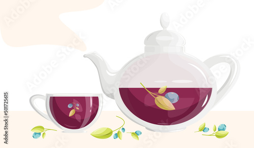 A teapot and a cup of blueberry tea. Tea with wild berries. A healthy drink, with blueberry sprigs.Vector illustration.
