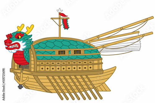 A Geobukseon, also known as turtle ship, was a type of large Korean warship that was used by the Royal Korean Navy during the Joseon dynasty. Vector illustration.