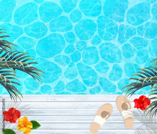 エメラルドグリーンの美しい海と白いウッドデッキの上にヤシの木とサンダルのある涼しげな夏の背景素材