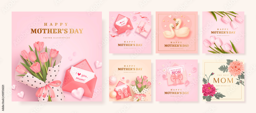 Set of Mother's day poster, banner or greeting card with realistic envelope, gift box, cartoon swan, tulips and hand drawn flowers isolated on background