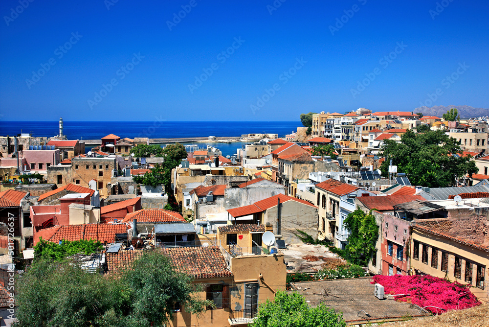 Panoramic view of the old town of Chania. In the background, the old 