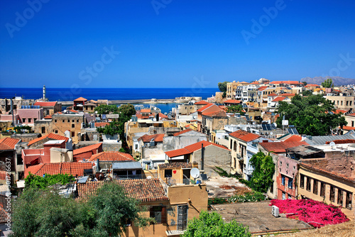 Panoramic view of the old town of Chania. In the background, the old "Venetian" port and the "Egyptian" lighthouse. Crete island, Greece.