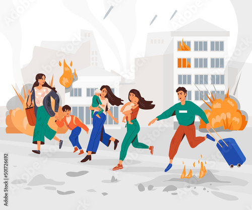 People are fleeing the bombings. Men, children, women. Banner, poster. Military operations in Ukraine. The concept of the threat of war. City on fire. Explosions, rockets, bombs, fires. Stop the war