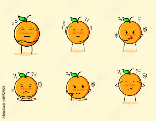 collection of cute orange cartoon character with thinking expressions. suitable for emoticon, logo, symbol and mascot
