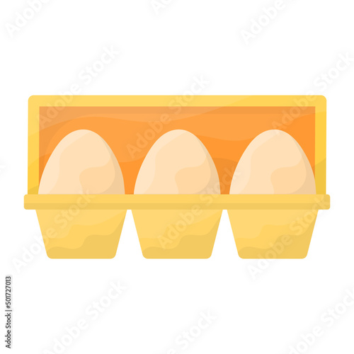 Three Eggs in Tray Concept, Disposable Packaging vector color icon design, Poultry farming symbol, Meat or Eggs Production Sign, Protein and farmyard equipment stock illustration