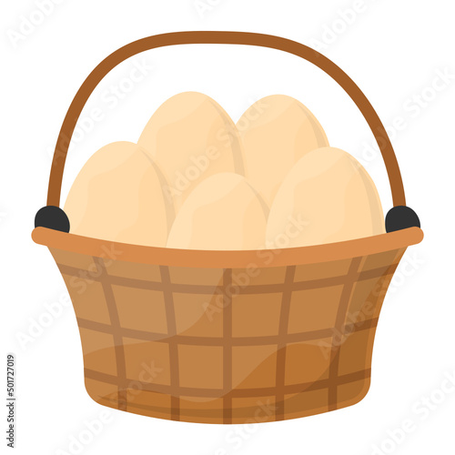 Straw Basket filled with Eggs Concept, Kitchen Utensil bucket vector color icon design, Poultry farming symbol, Meat or Eggs Production Sign, Protein and farmyard equipment stock illustration