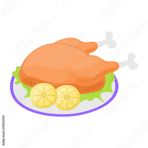 roasted chicken Platter Concept, Tender and Juicy whole Turkey vector color icon design, Poultry farming symbol, Meat or Eggs Production Sign, Protein and farmyard equipment stock illustration